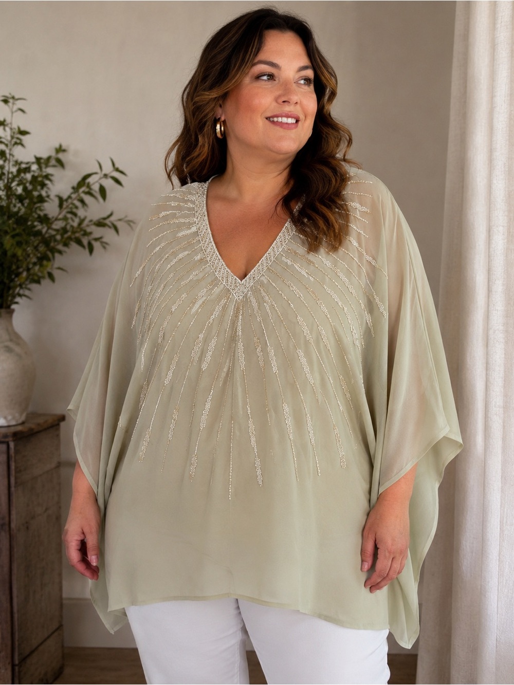 Midnight Velvet Beaded Sheer Caftan Tunic Top Beige V Neck Plus Size 3X NWT